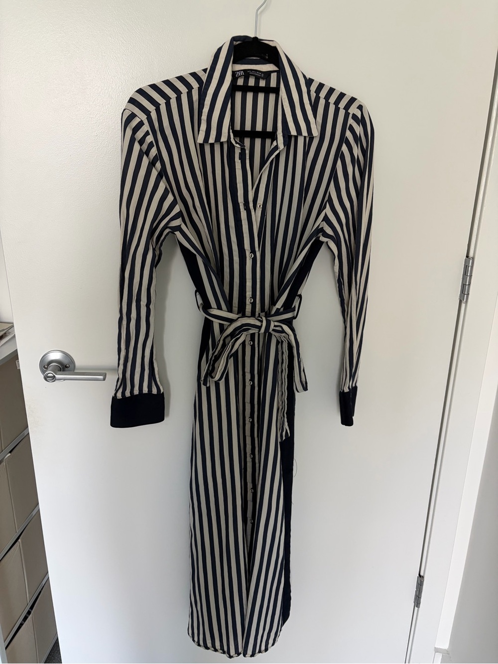 Zara Navy and White Vertical Stripe Long Sleeve Shirt Dress - Picture 2 of 4